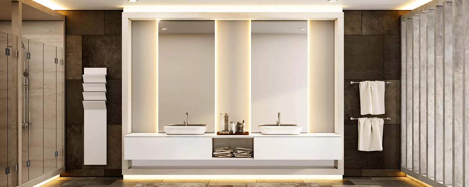 A contemporary bathroom featuring a spacious lighted mirror and a sink in Adelaide.