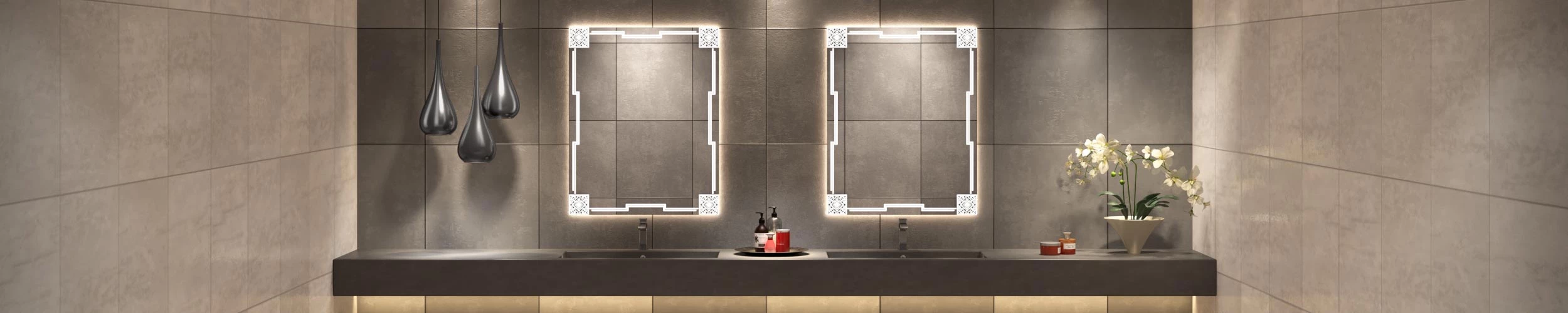 Two gatsby Grand Mirrors with grid patterned concrete wall background in Adelaide.