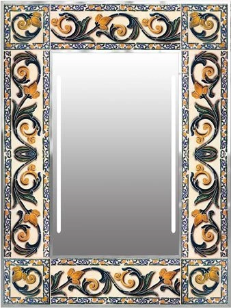 Adelaide decorative lit mirror with an ornate and ceramic design frame.