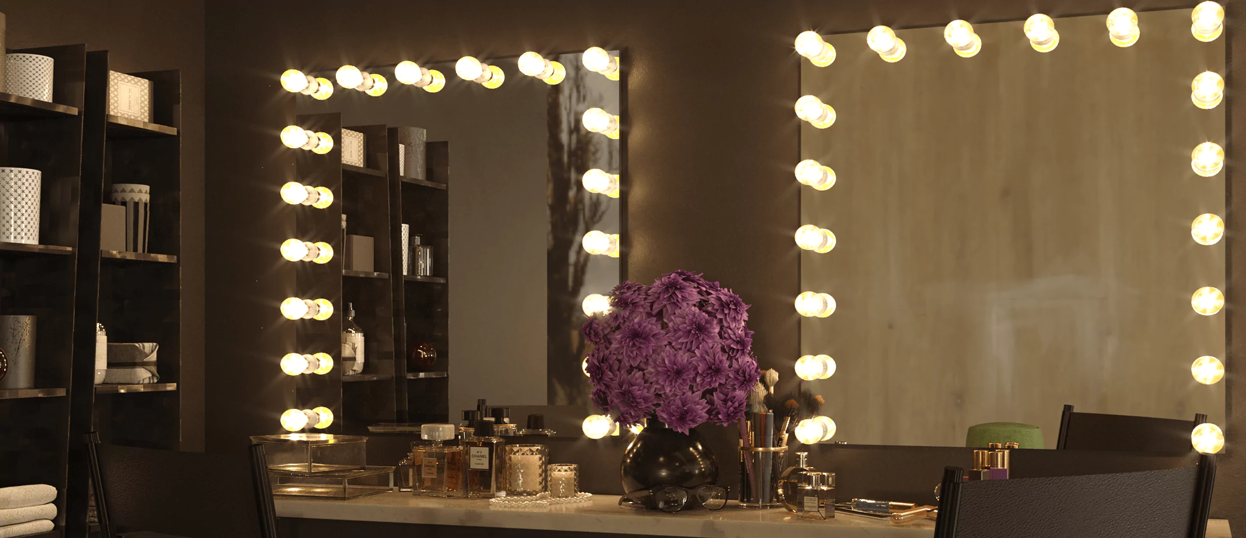 Hollywood lighted mirror and elegant makeup arrangement in studio at Adelaide.