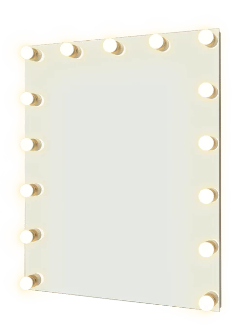 Wall-mounted lighted custom mirror with LED bulbs around the frame from Lismore.