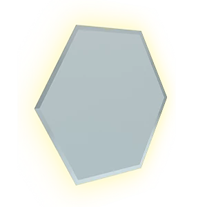 A hexagon-shaped mirror with dim back light on a white surface.