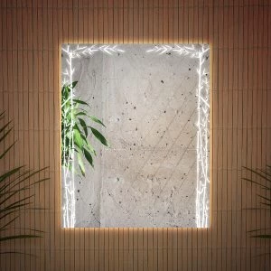 Bamboo LED design frame in a backlit mirror on a wooden wall.