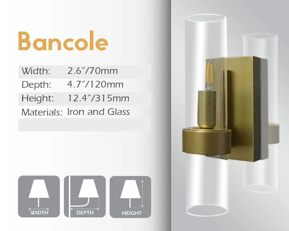 Bancole mirror lamp, with its width, depth, and height, is made of iron and glass.