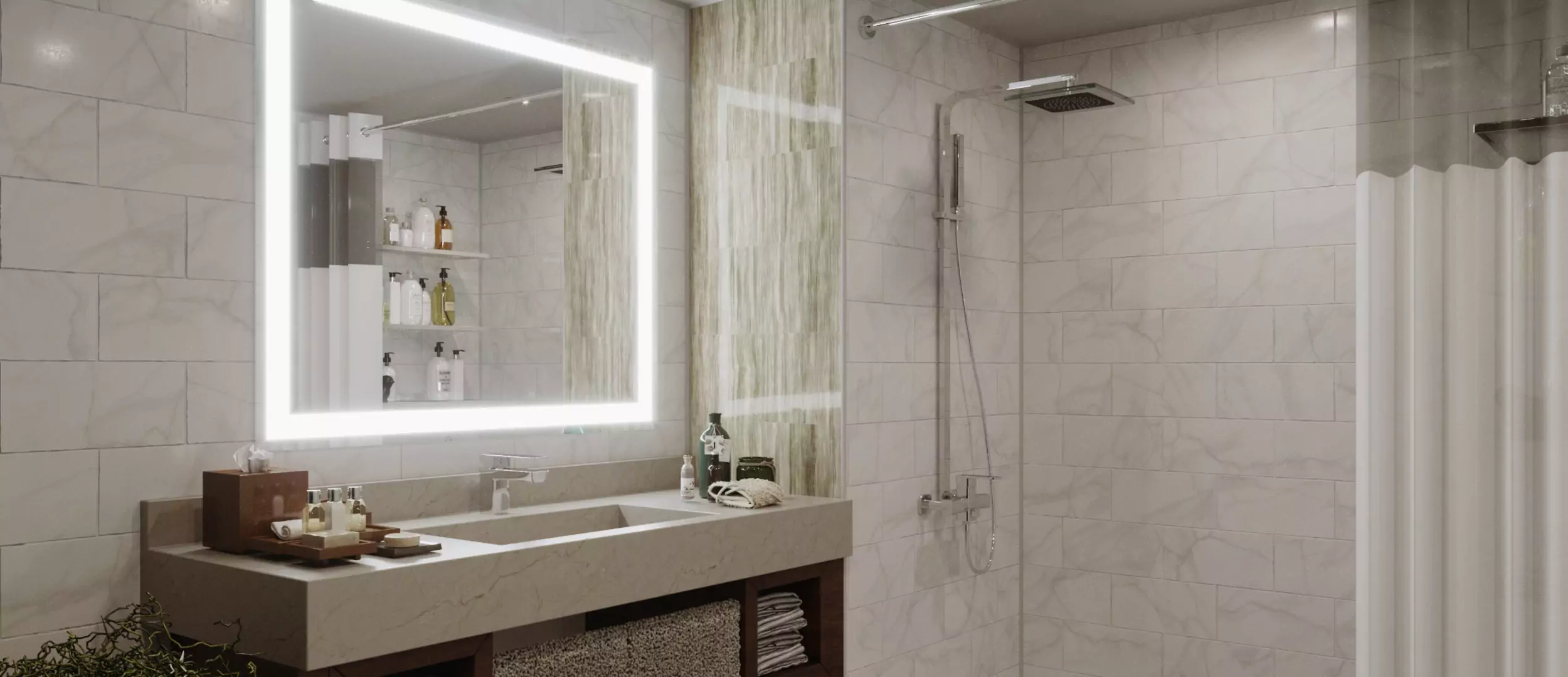 Extra-thin lighted wall-mounted mirror above a single sink in an elegant bathroom.