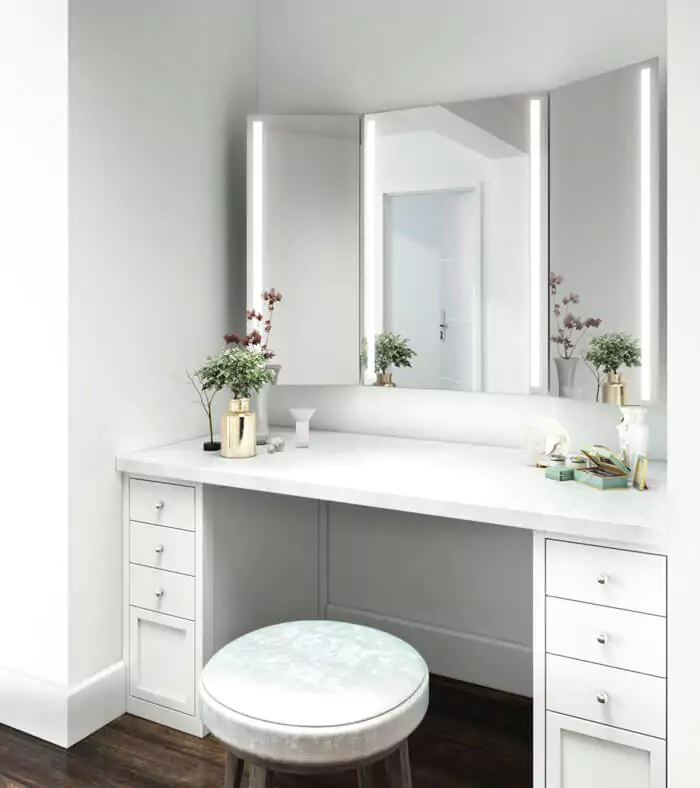 Elegant white vanity set with a lighted trifold mirror and a matching stool in Canberra.