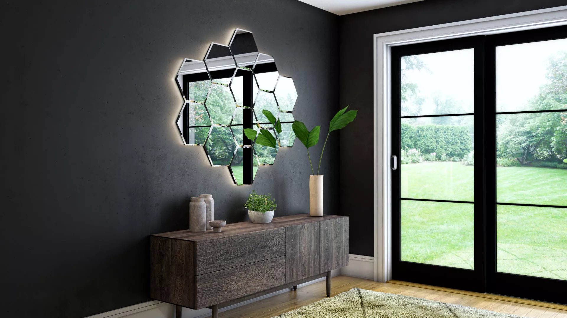 Beehive like design of lighted mirror above a wooden table against a black background in Queensland.