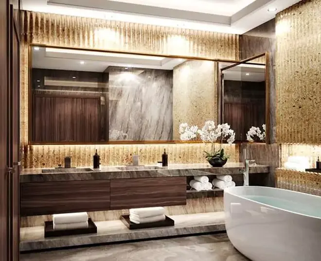 A lavish bathroom featuring a grand mirrors eclipse, exuding opulence and elegance in Hobart.