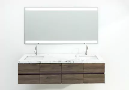 A minimalist double sink in a customized lighted mirror in Darwin.