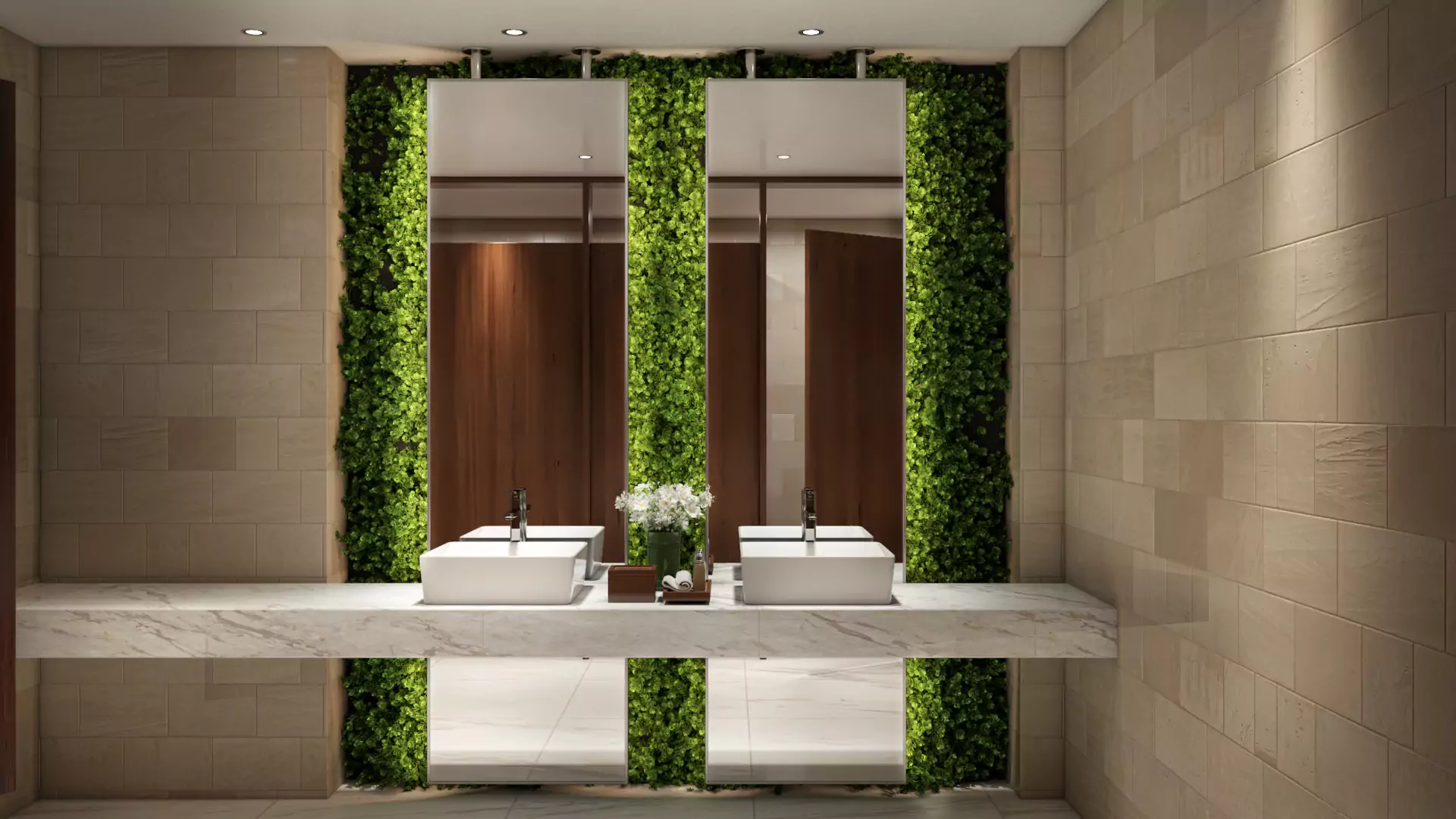 Interior of a bathroom with twin sinks and a lighted mirror ceiling mount in Adelaide.