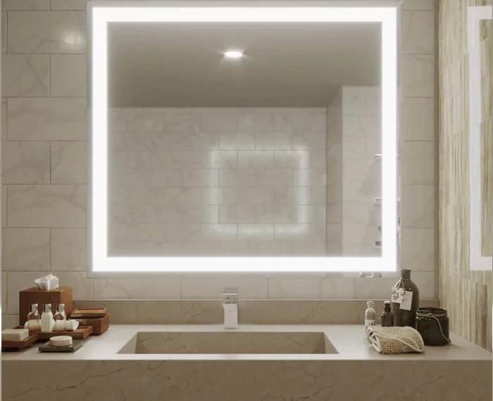 A stylish gold accents bathroom with best custom lighted mirror and a sink in Adelaide.