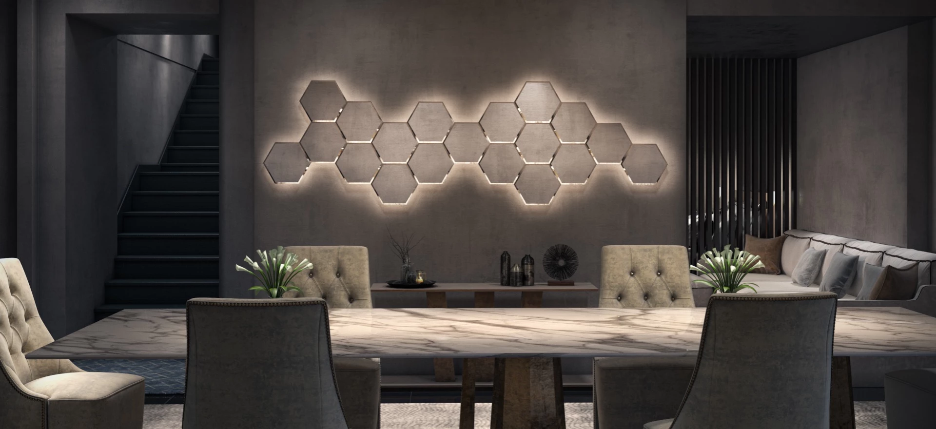 Long retro marble table with dining chairs and a hexagon shaped wall lighted mirror in Victoria.