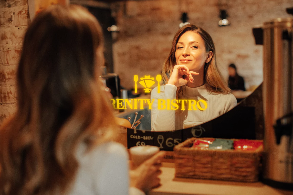 Woman gazing at her reflection in a Bistro mirror featuring a lit up logo in Melbourne.