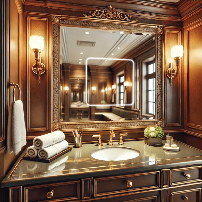 Bathroom with elegant wooden cabinets and a large mirror, creating a warm, inviting atmosphere in Brisbane.