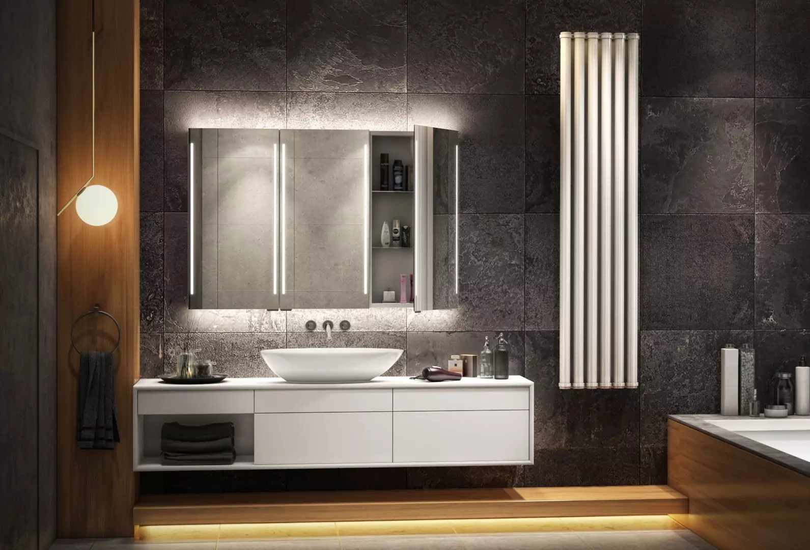 Melbourne three-way cabinet and illuminated mirror with comfort radiator and white basin.