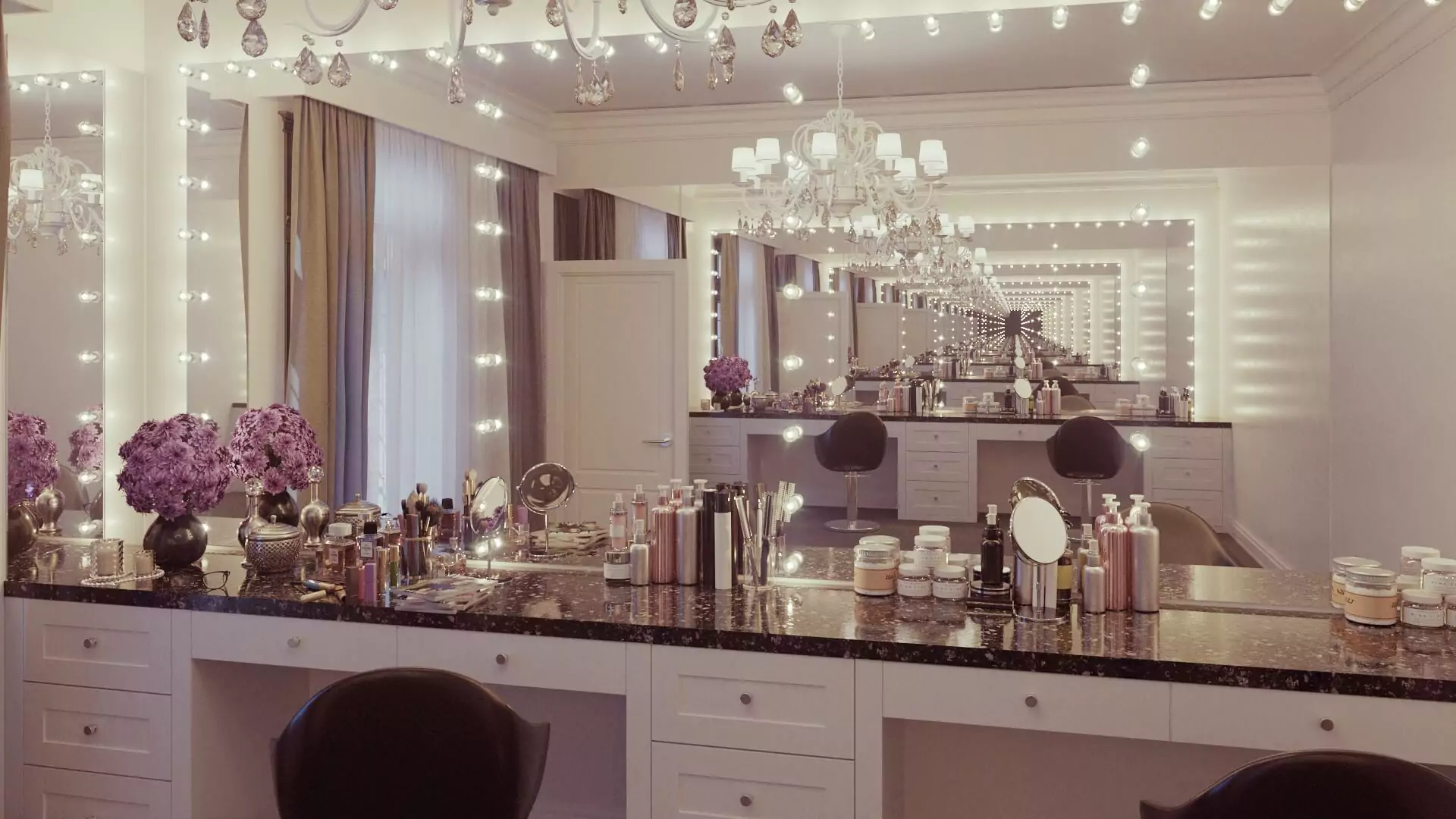 Lighted custom Hollywood mirror, makeup products, and elegant chandeliers in Canberra.