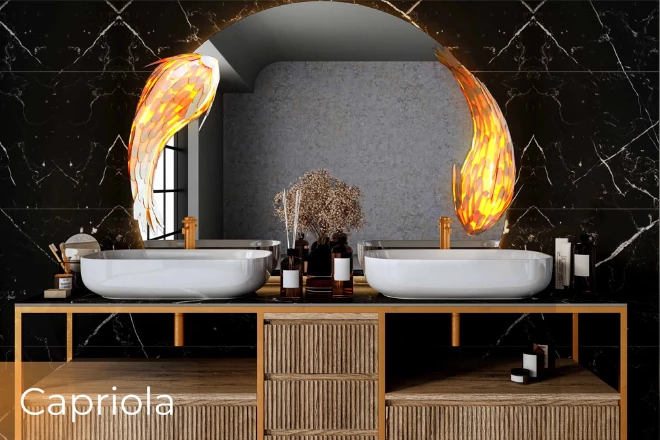 Modern Tasmania bathroom showcasing a Capriola lighted vanity mirror.