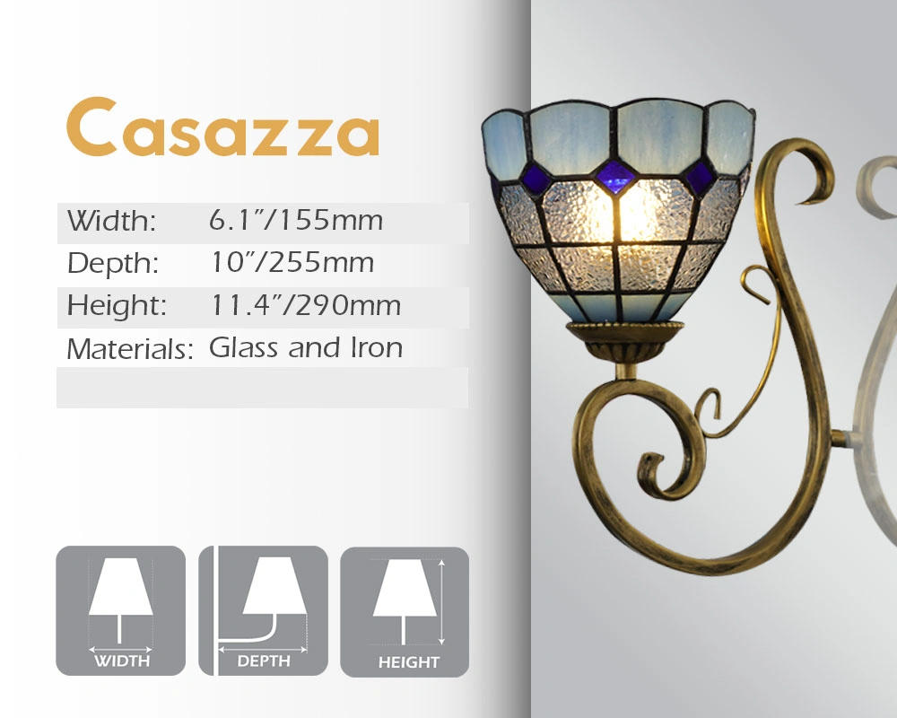 Casazza mirror lamp, with its width, depth, and height, is made of glass and iron.