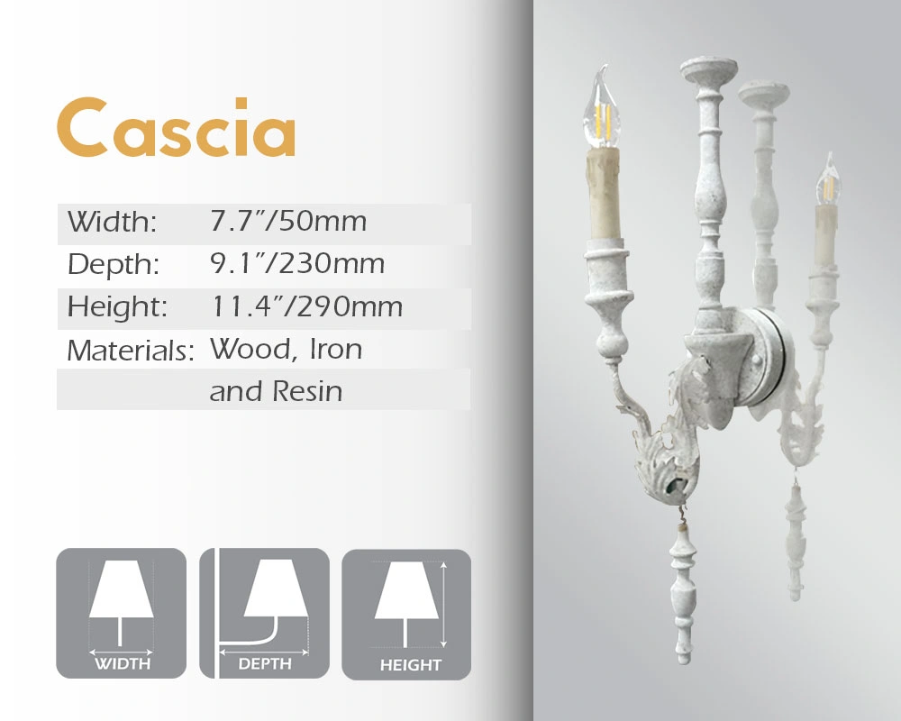 Cascia mirror lamp, with its width, depth, and height, is made of wood, iron, and resin.