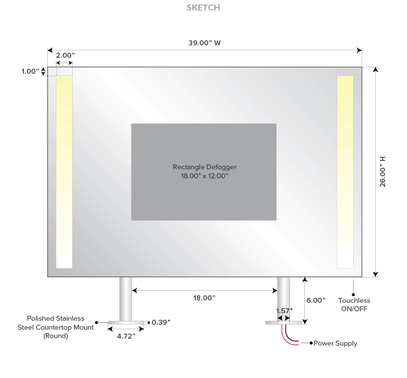 A drawing of an illuminated mirror with a rounded frame, mounted in ceiling in Darwin.