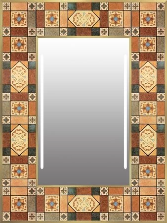 Lighted mirror with a vibrant ceramic tile frame design in Sydney.