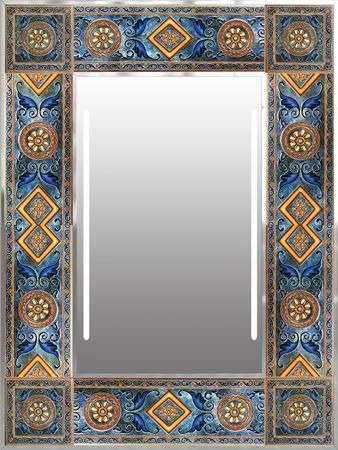 Wellington Sardinia frame LED Mirror with intricate blue and orange designs.