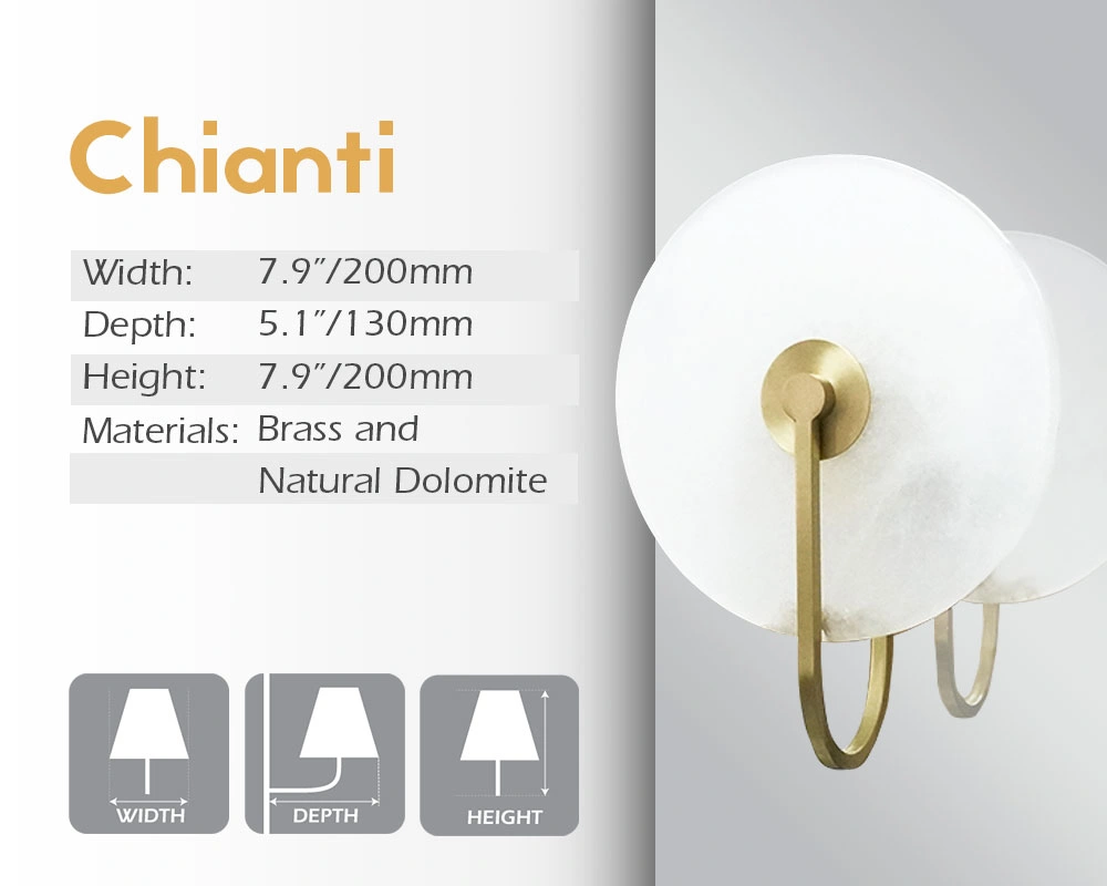 Chianti LED miror lamp with dimensions and materials in Sydney.