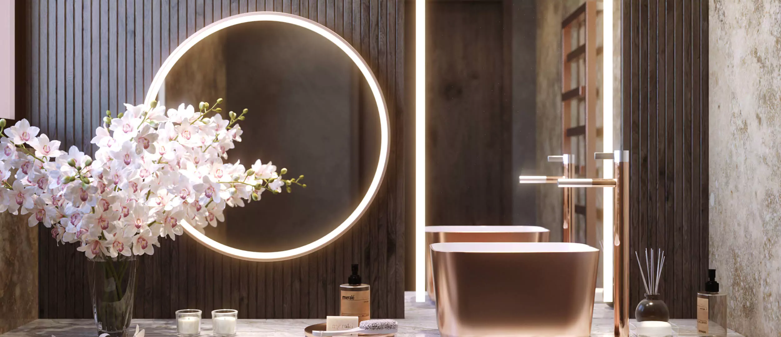 Circular and rectangular lighted mirror in a chic washroom in Tasmania.