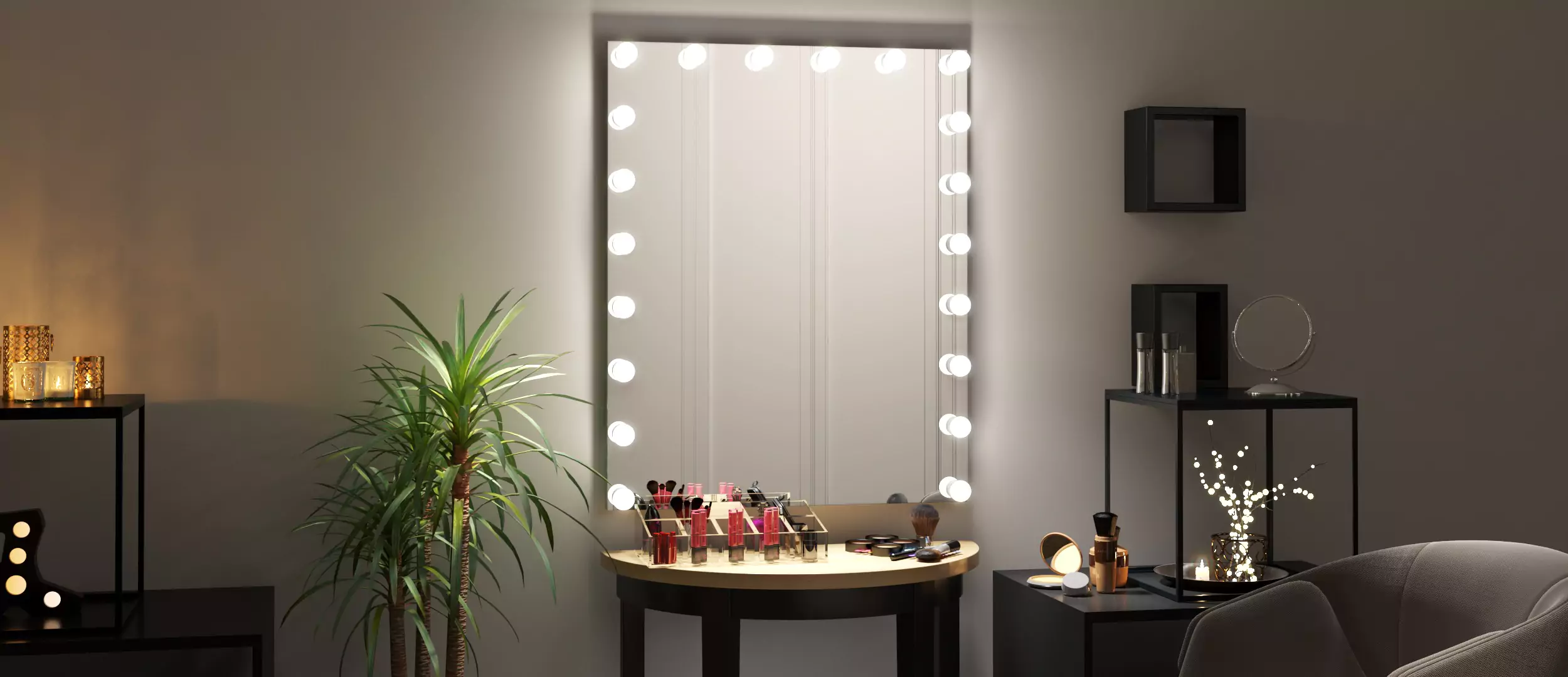 Classic lighted mirror with makeup setup on a round table in Brisbane.