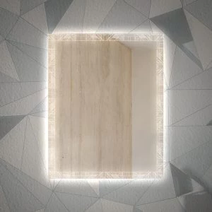 A creative geometric design in a square-shaped backlit mirror on a ceramic tiled wall.