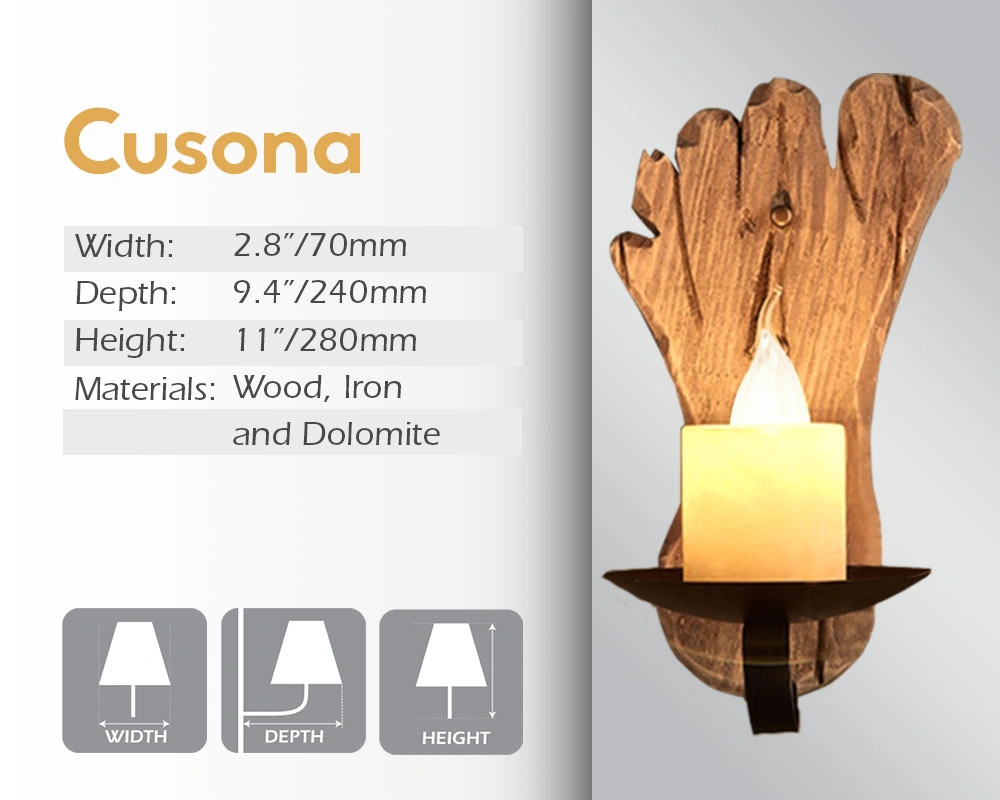 Cusona mirror lamp, with its width, depth, and height, is made of wood, iron, and dolomite.