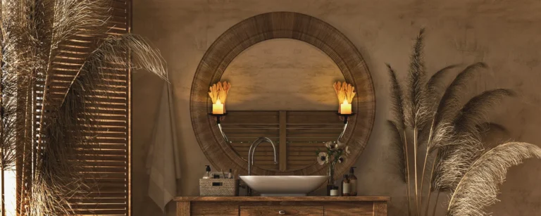 A boho-inspired Adelaide bathroom features a large round wooden-framed mirror on the wall, with two Cusona attached to the frame.