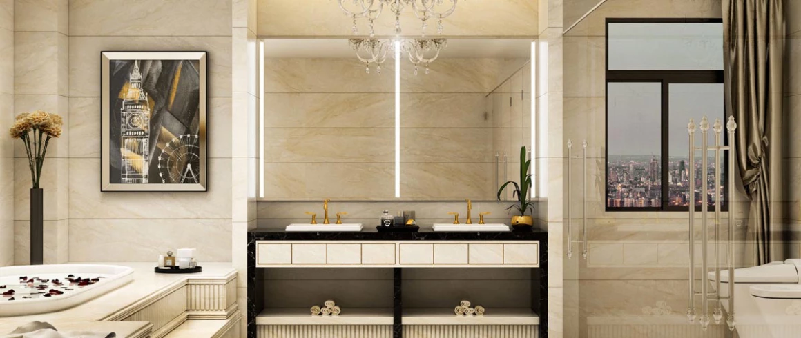 Custom lighted mirror with bathroom essentials placed between two drop in sinks in Victoria.