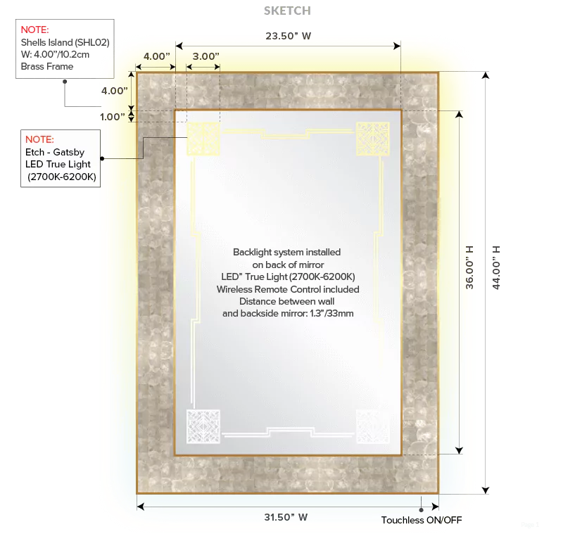 Drawing of a brushed stainless steel framed mirror with a custom logo underneath in Canberra.