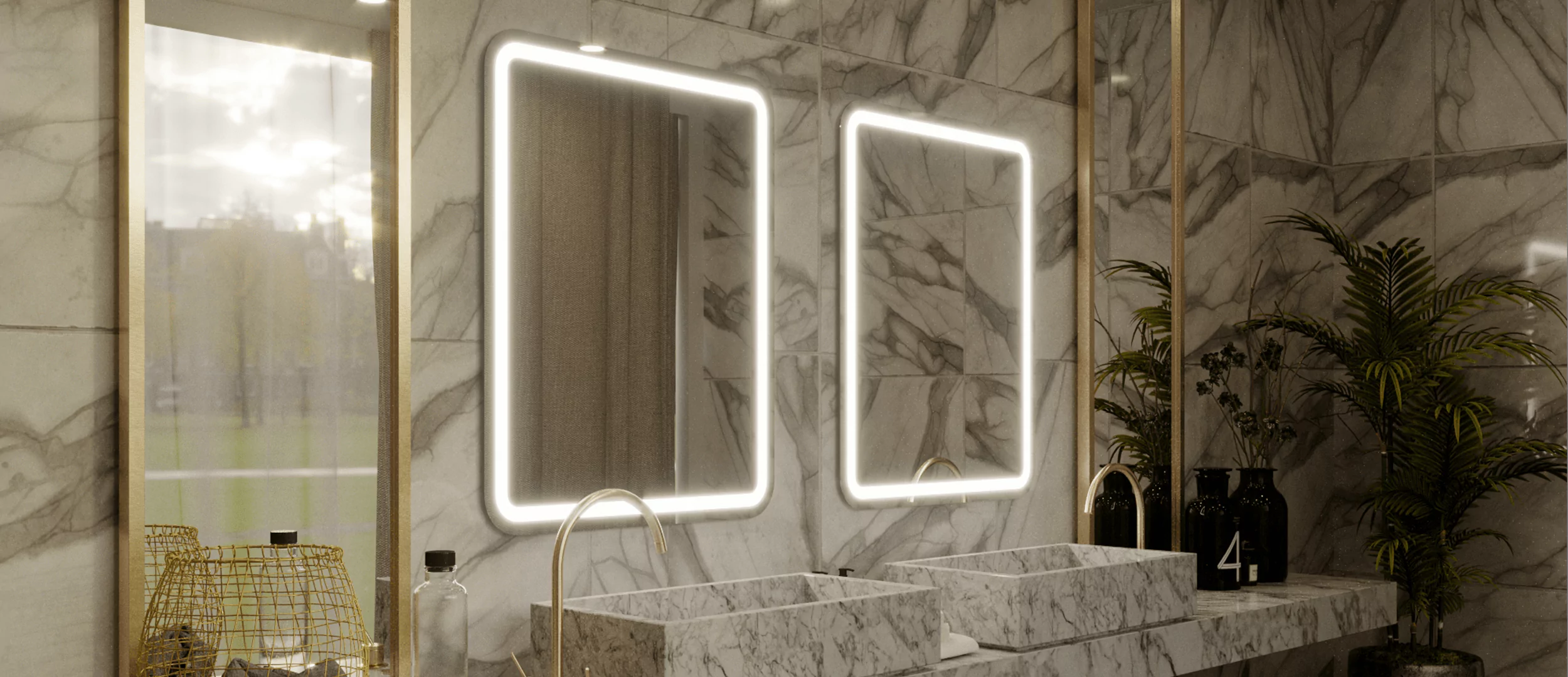 Two wall mounted lighted mirrors in a washroom above two sinks in Canberra.