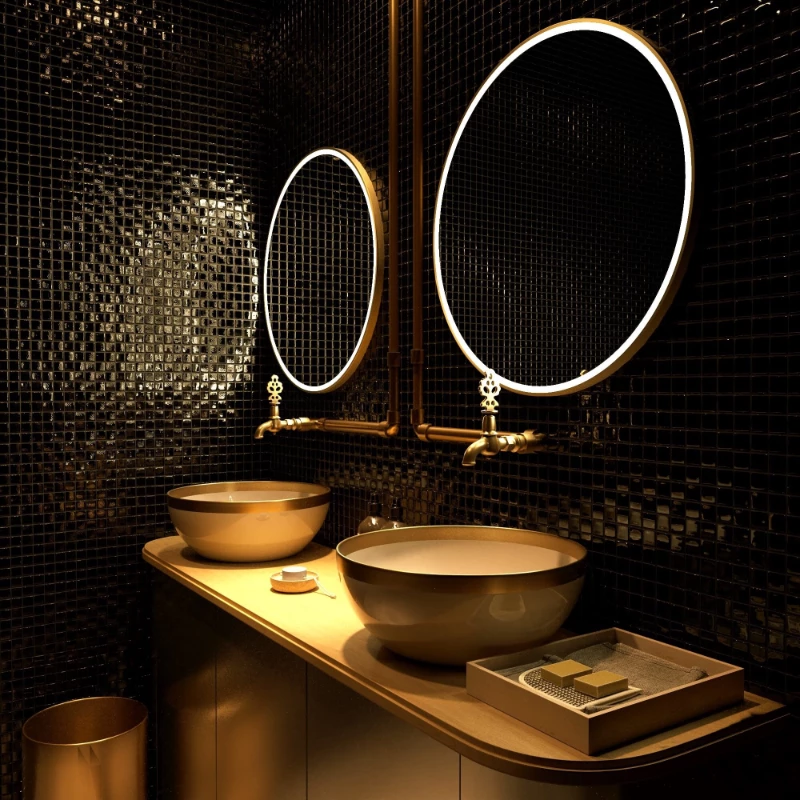 Luxury bathroom with illuminated wall bathroom mirrors and gold fixtures in Darwin.