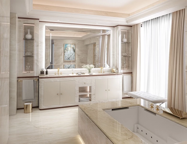 Opulent bathroom featuring a bathtub and an exquisite backlit mirror in Queensland.