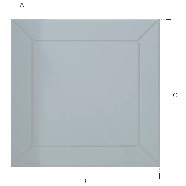 A deco frame mirror with its dimensions on a white background.