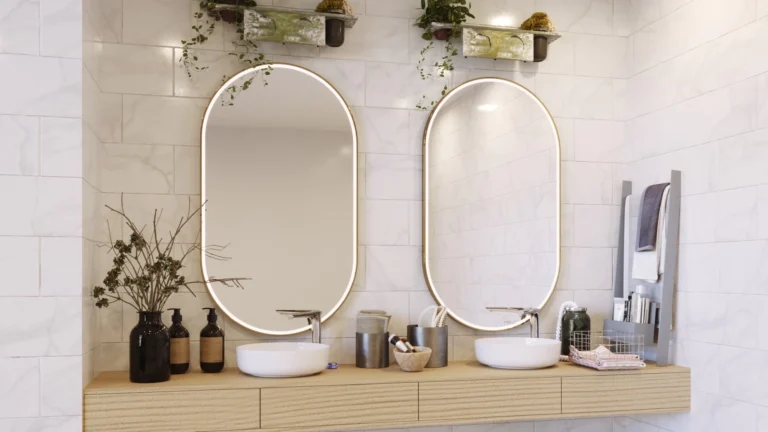 Discover a bathroom adorned with two lighted mirrors and a gleaming sink in Victoria.