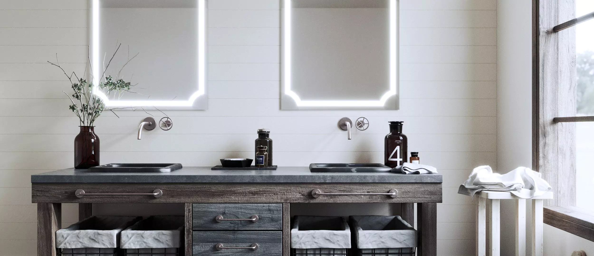 A contemporary bathroom with dual sinks and mirrors, including luminous mirrors in Melbourne.