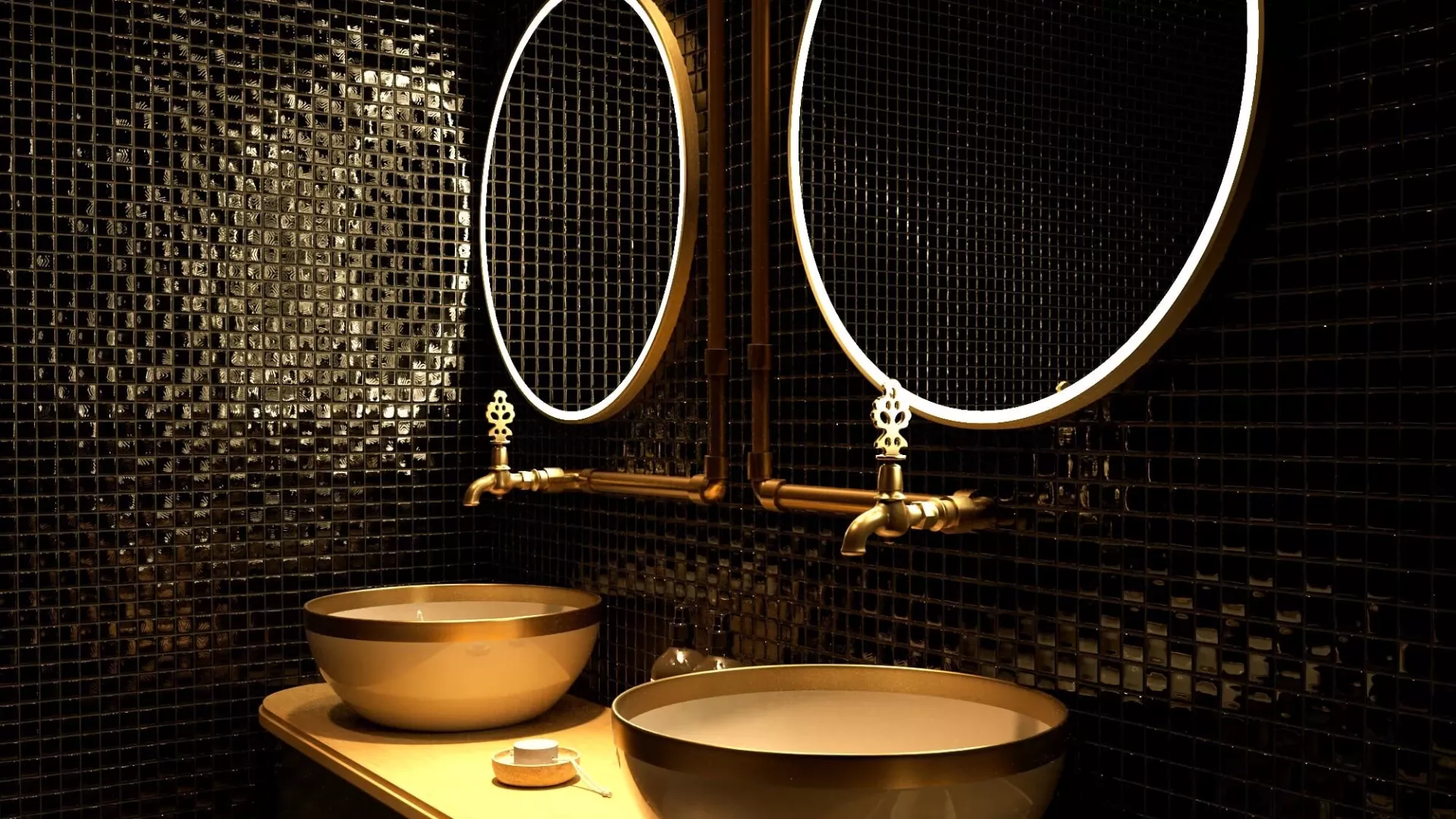 Elegant Melbourne bathroom with aluminium framed mirrors with LED lights on dark tiled walls.