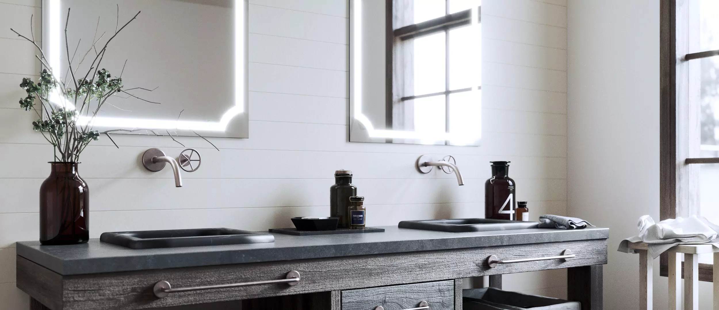 Modern bathroom with two sinks and mirrors, highlighting an extra thin lighted mirror in Sydney.