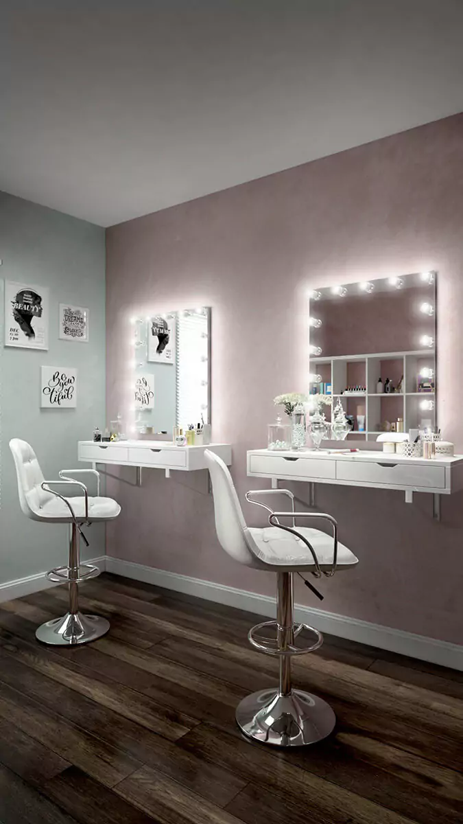 Modern bathroom with arch shaped made to order hollywood mirrors and LED lights in Wellington.