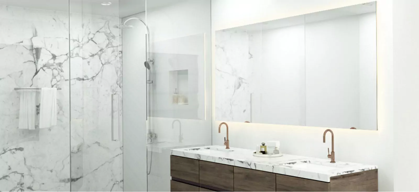 A modern bathroom featuring a lighted mirror and marble counter tops in Hobart.