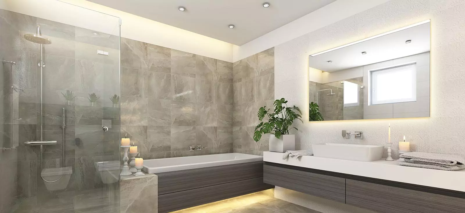 An updated bathroom showcasing a generous shower and a stylish lighted mirror in Lismore.