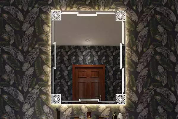 Gatsby front lit mirror installed on a wall adorned with feather designs in Wellington.