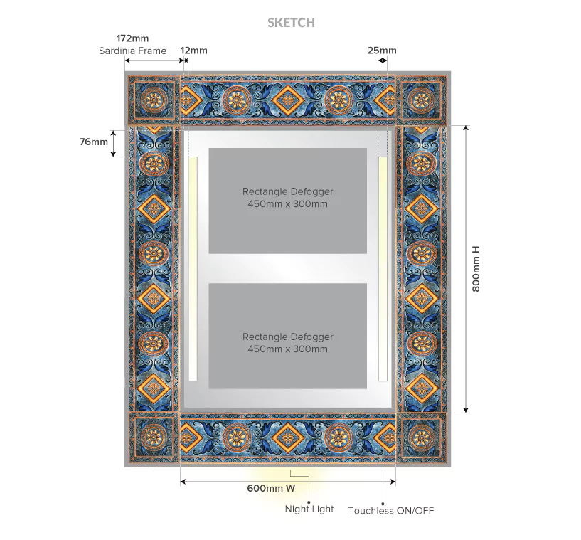 Drawing of Malorca frame with its unique defogger and detailed scale in Lismore.