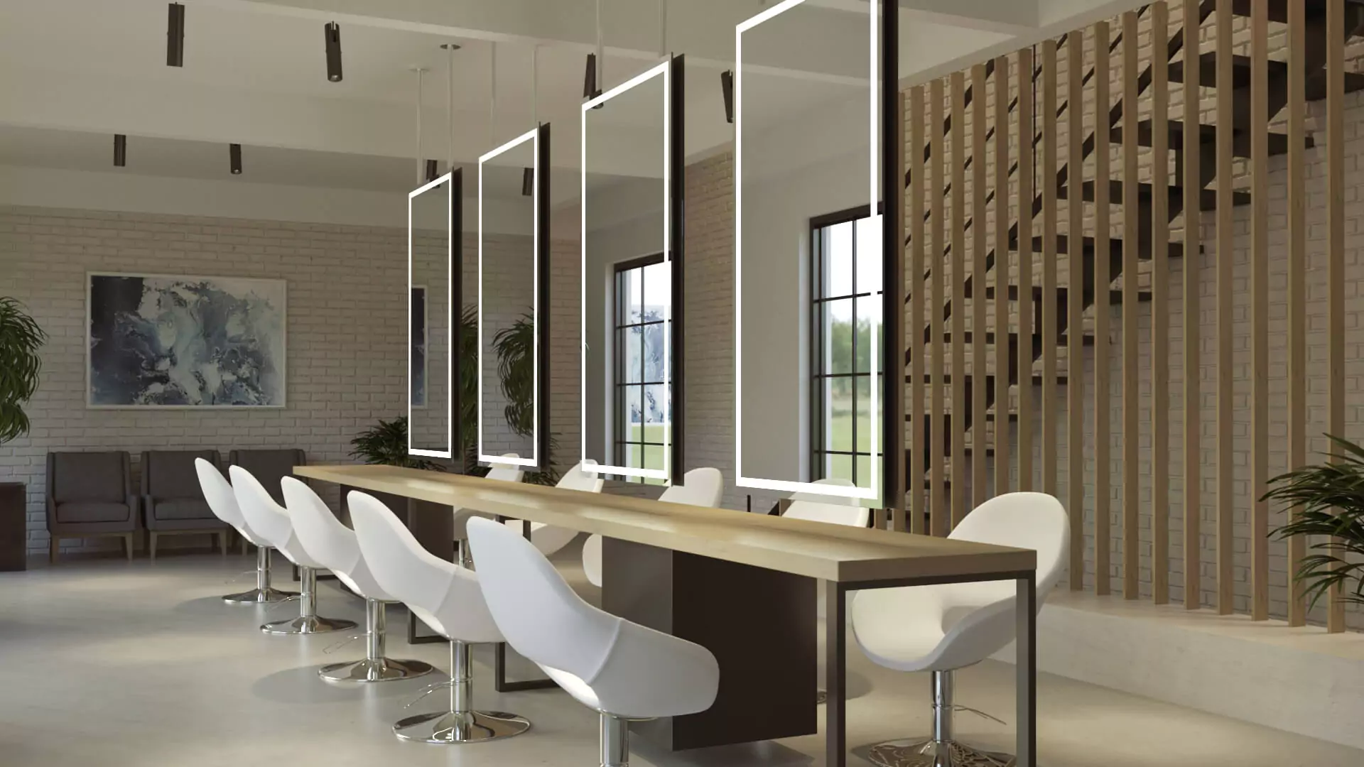 Spacious salon with ceiling-mounted lighted mirrors, a wooden long table, and white chairs in Brisbane.