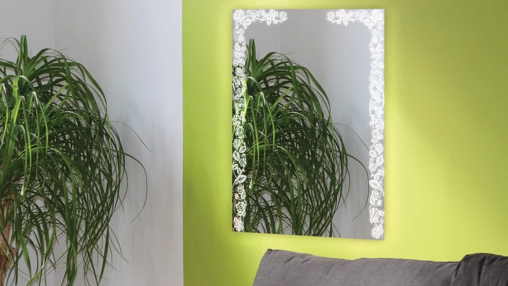 A green wall adorned with a large bathroom mirror with lights and a vibrant plant in Brisbane.