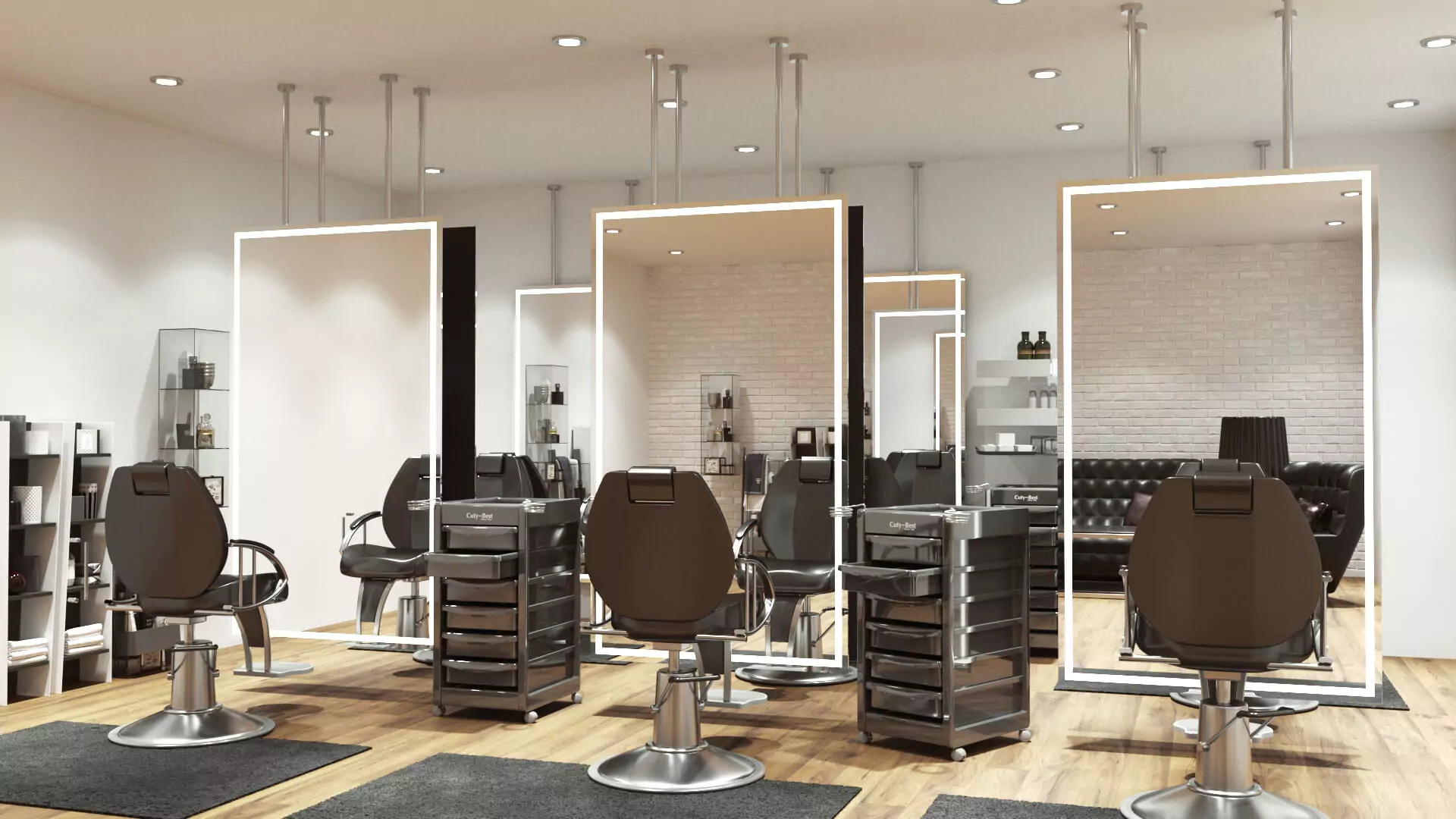 Hobart stylish salon with chairs and ceiling-mounted lighted mirrors.